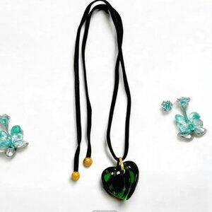 Baccarat Emerald Green Gold Black Cord Engraved Necklace